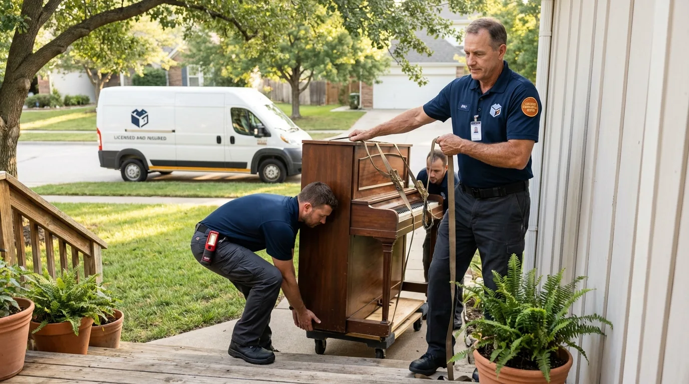 Licensed piano movers securing grand piano in Denver, NC